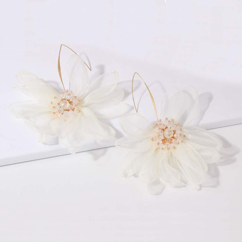 YERTTER Women Big Petal Drop Large Earrings Big Flowers Dangle Earrings with Chiffon Floral Tassel for Vacation Wedding (Ivory) - Image 3
